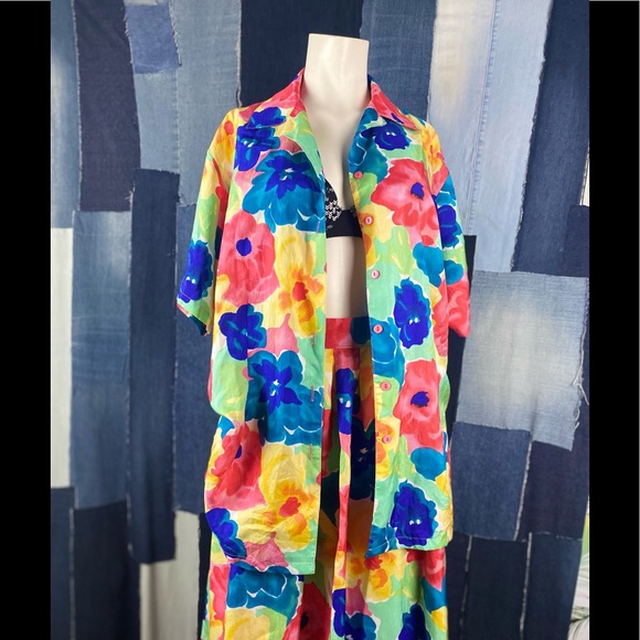 Vintage Big Floral Print Shirt & Skirt w/Pockets and back elastic. Sz L - Picture 8 of 15